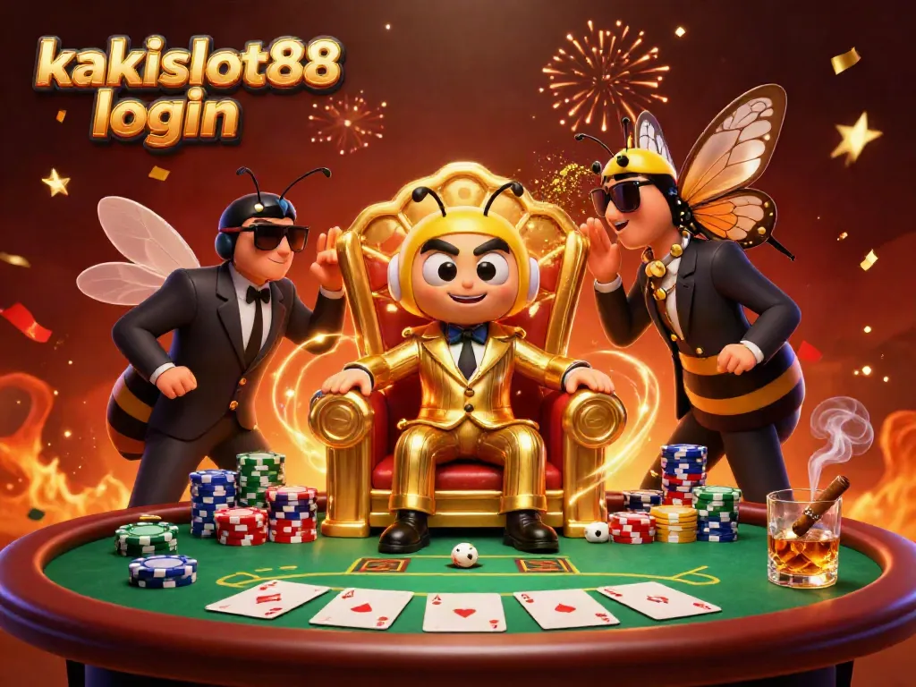 Visualisasi menarik dari kakislot88 login yang menampilkan bos lebah dalam kasino dengan elemen poker.