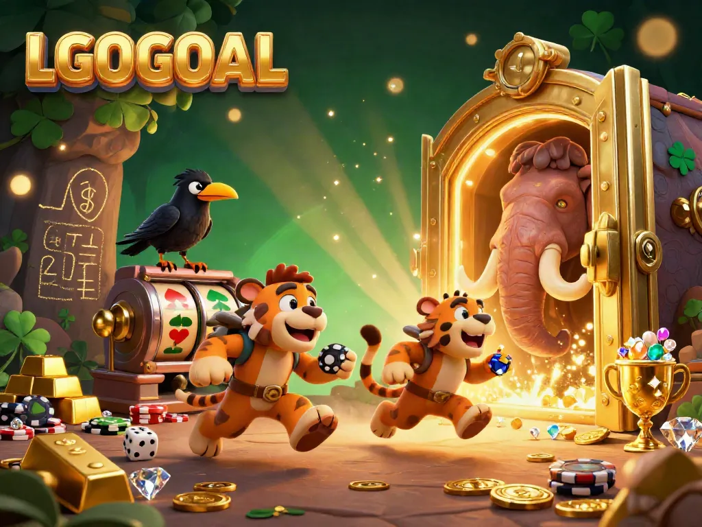 Engage with the exciting world of LGOGOAL showcasing a vibrant casino featuring a caveman and sabertooth tiger duo.