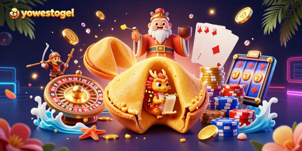 Engage with yowestogel's vibrant 3D casino scene featuring a golden cookie and dragon plus dynamic game elements.