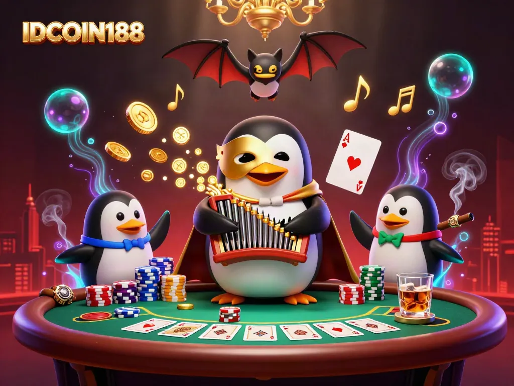Experience winning thrills at IDCOIN188 with a vibrant casino-themed scene featuring an opera penguin and poker elements.