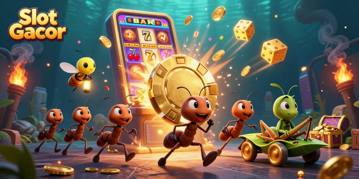 Experience thrilling Slot Gacor action with a vibrant scene of ants carrying a giant poker chip in playful casino chaos.