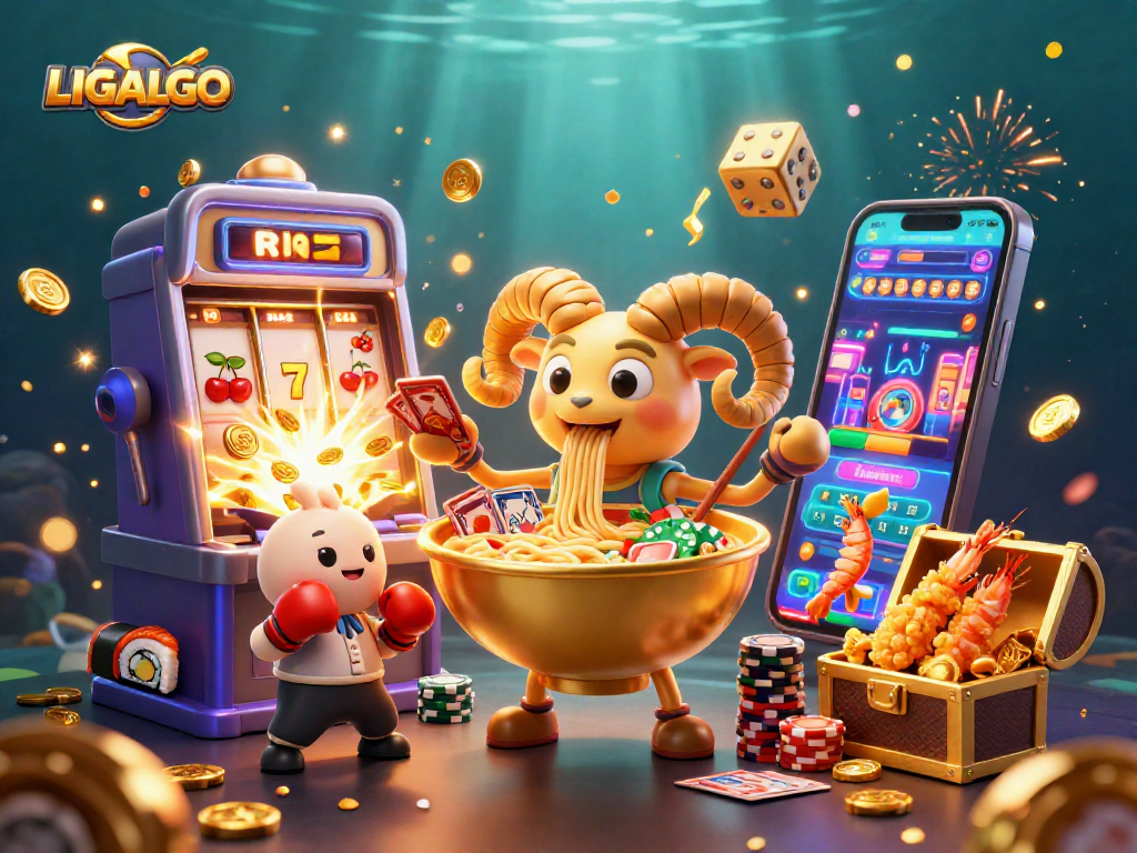 LIGALGO showcases a vibrant 3D casino scene with a golden ramen bowl character and slot machine jackpot excitement.
