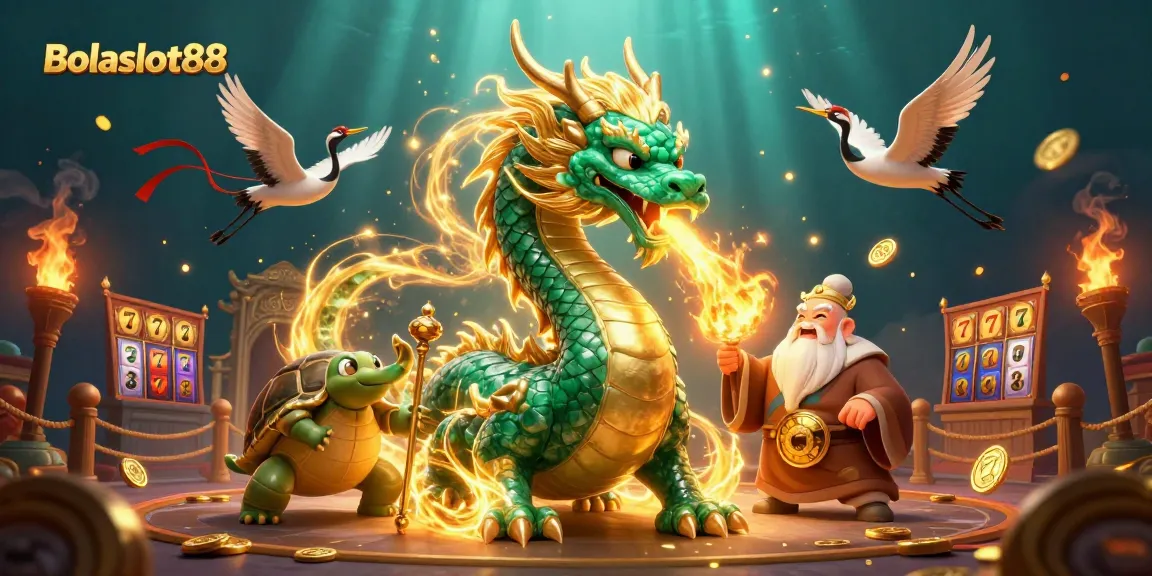 Bolaslot88 features a jade dragon and lucky cranes in a vibrant casino scene with slot reels and golden coins.