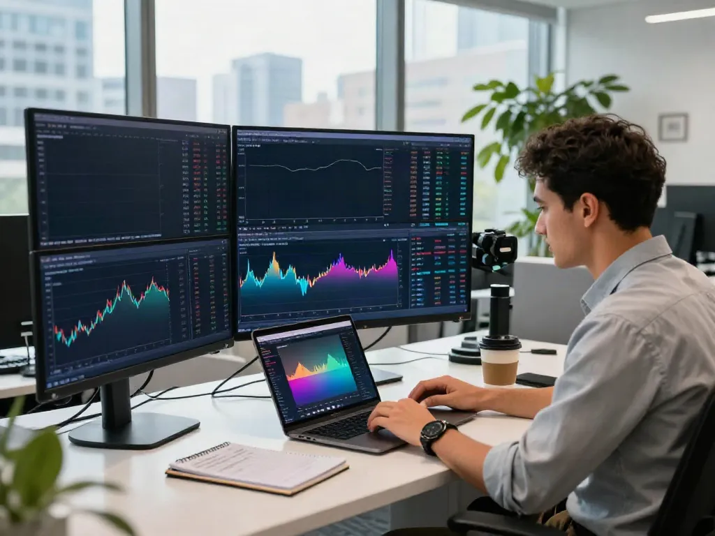 Analyst monitoring MEXC US Stocks data on multiple screens in a modern financial office.