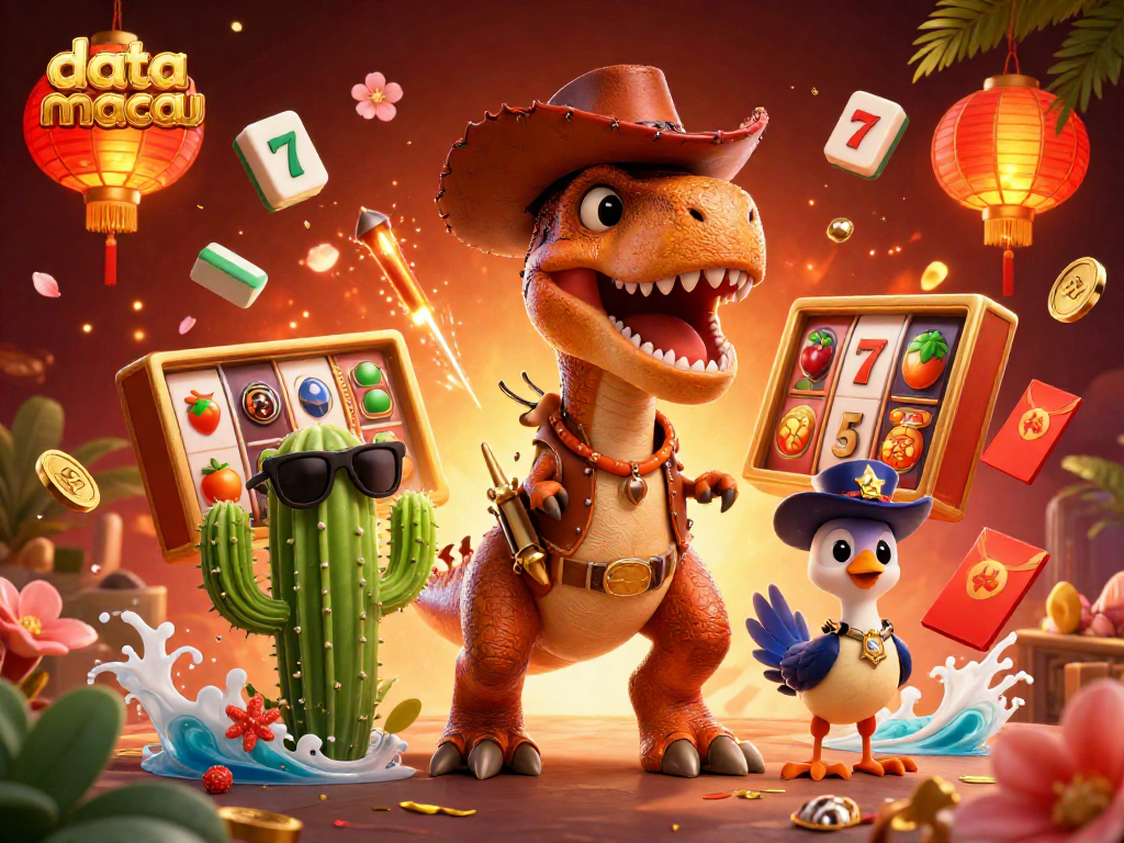 Menghasilkan data macau dengan ilustrasi 3D dinosaurus cowboy di kasino, menggambarkan peluang jackpot yang menggiurkan
