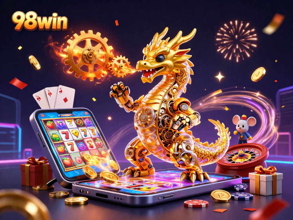 Engage with winning strategies at 98win while playing vibrant slots featuring golden dragon and colorful elements.