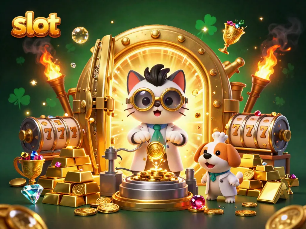 Slot dengan mesin pembuat koin dan karakter kartun dalam suasana kasino yang mewah.