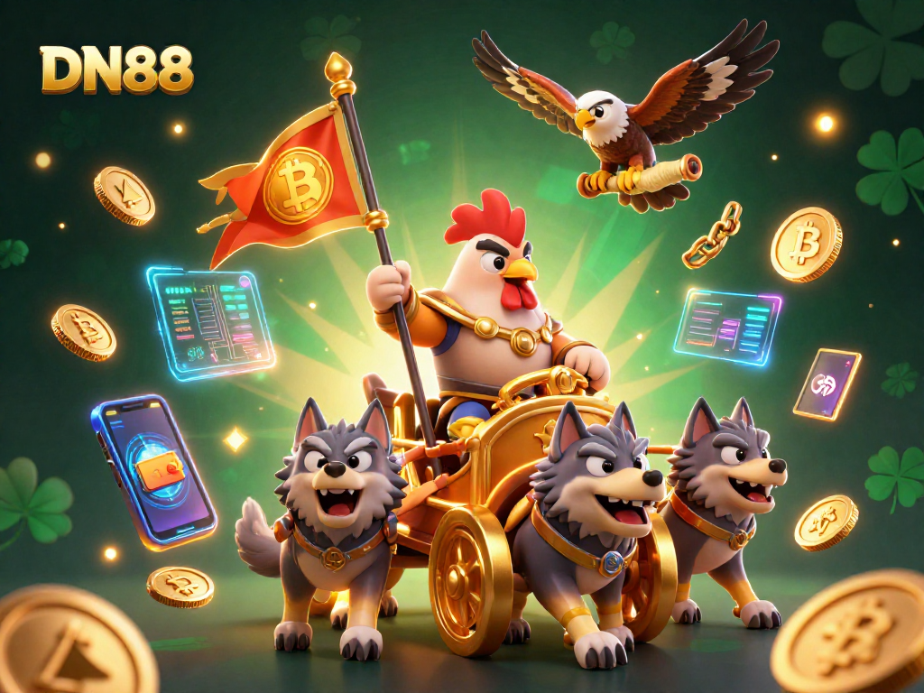 Experience the exciting world of DN88 with a vibrant 3D illustration of a rooster warlord in a casino setting, filled with glowing cryptocurrency elements.