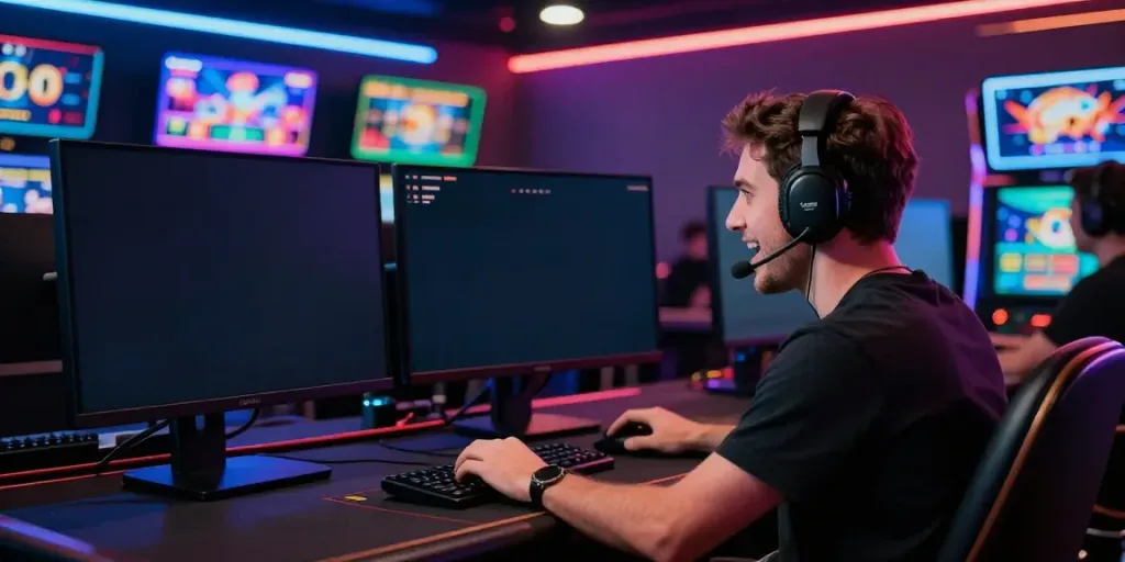 Online gaming experience at 2up.io casino with vibrant graphics and tech-savvy player.