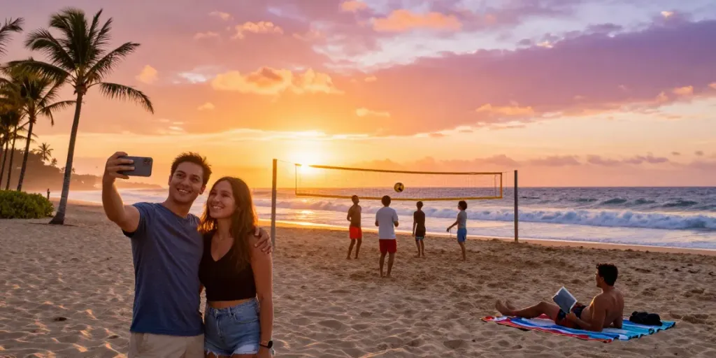 Suasana pantai yang indah menjelang matahari terbenam di https://pakhoki.net/, dengan traveler menikmati momen hangat bersama keluarga dan teman.
