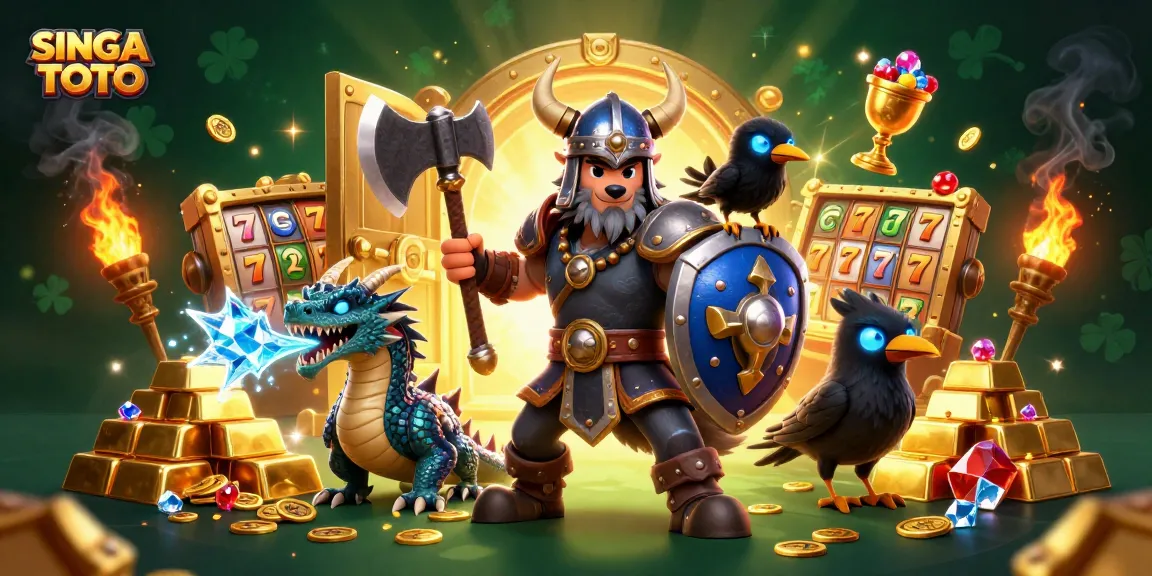 SINGA TOTO menampilkan karakter kasino dengan petarung Viking, naga, dan burung gagak, dikelilingi harta berkilauan