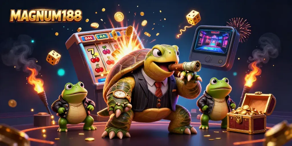 Experience MAGNUM188's exciting world with a vibrant casino scene featuring animated characters and thrilling games.
