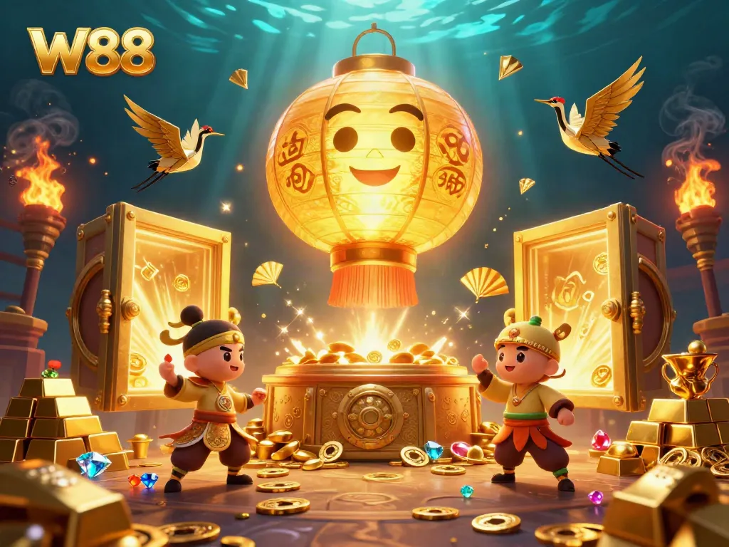 W88 casino illustration featuring a giant golden lantern spirit amidst vibrant gaming elements and treasures.