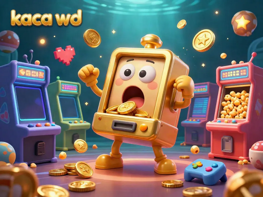 Mesin slot emas animasi menang jackpot di kasino ceria, menggambarkan keseruan kaca wd