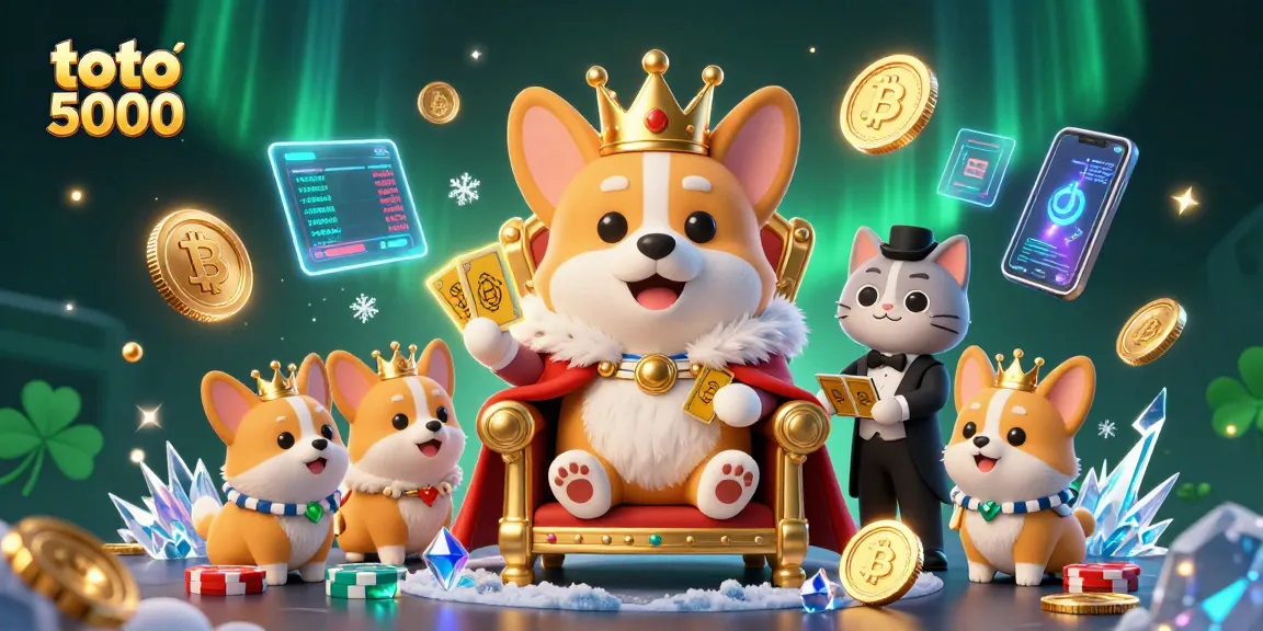 Experience thrilling winnings with the toto 5000 engaging illustration showcasing a royal corgi and crypto elements.