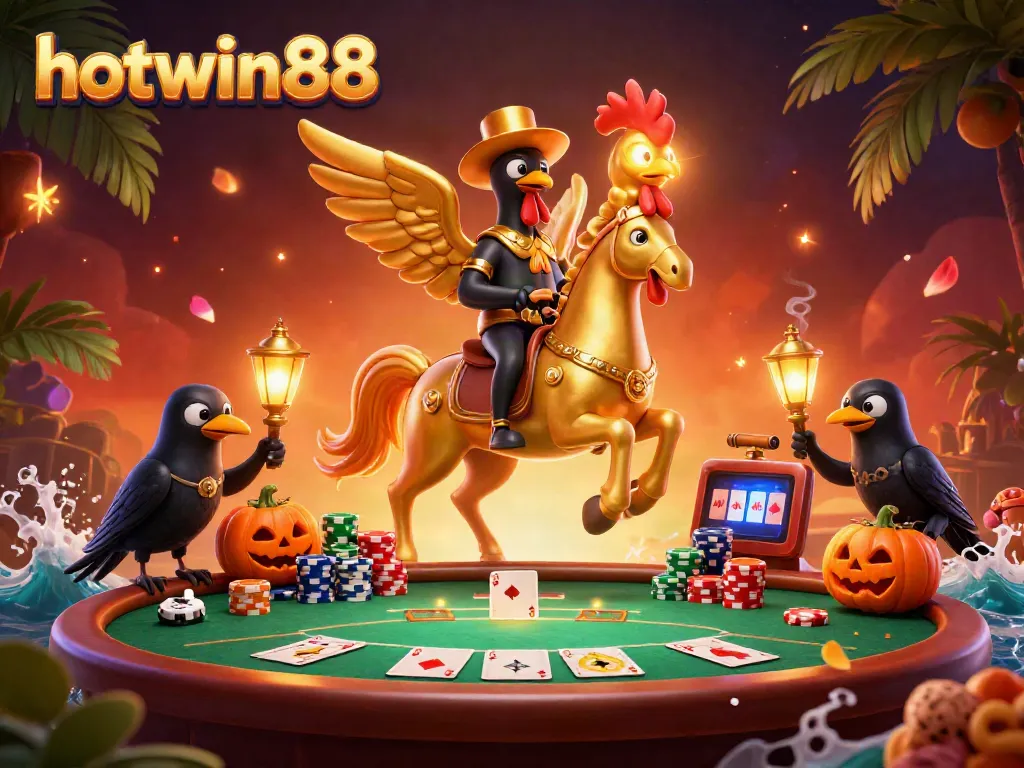 Engage with hotwin88 as golden rooster character navigates a vibrant midnight casino filled with poker elements.