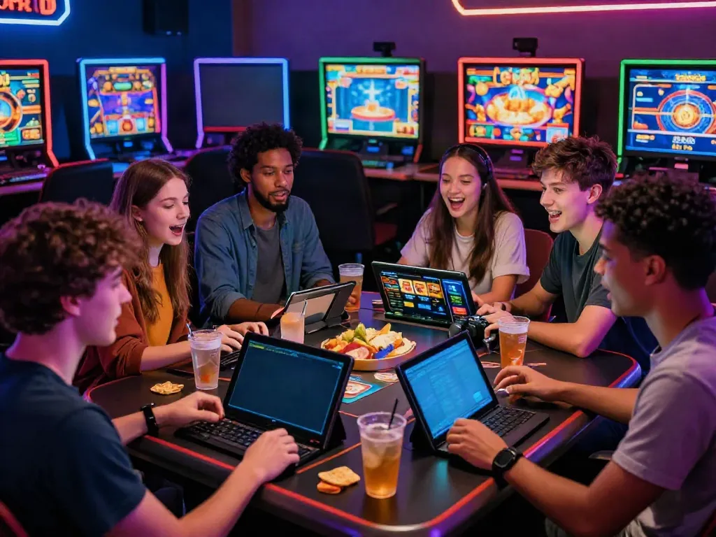 Friends enjoying a lively session of slot 4d games on smartphones and tablets in a vibrant online gaming atmosphere.