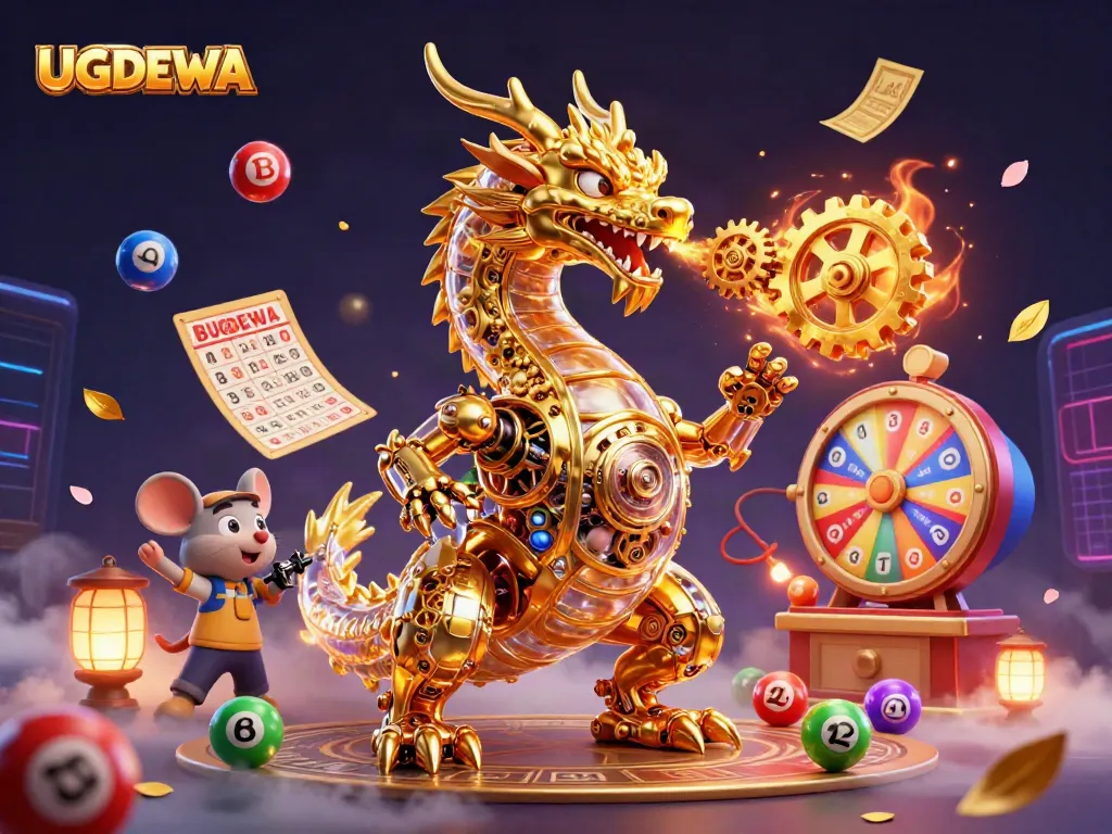 Engage with the exciting UGDEWA platform, featuring colorful lottery elements and dynamic gaming visuals.