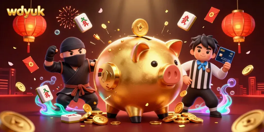 Experience excitement with wdyuk, featuring a golden piggy bank sumo wrestler amidst a vibrant 3D gambling scene.