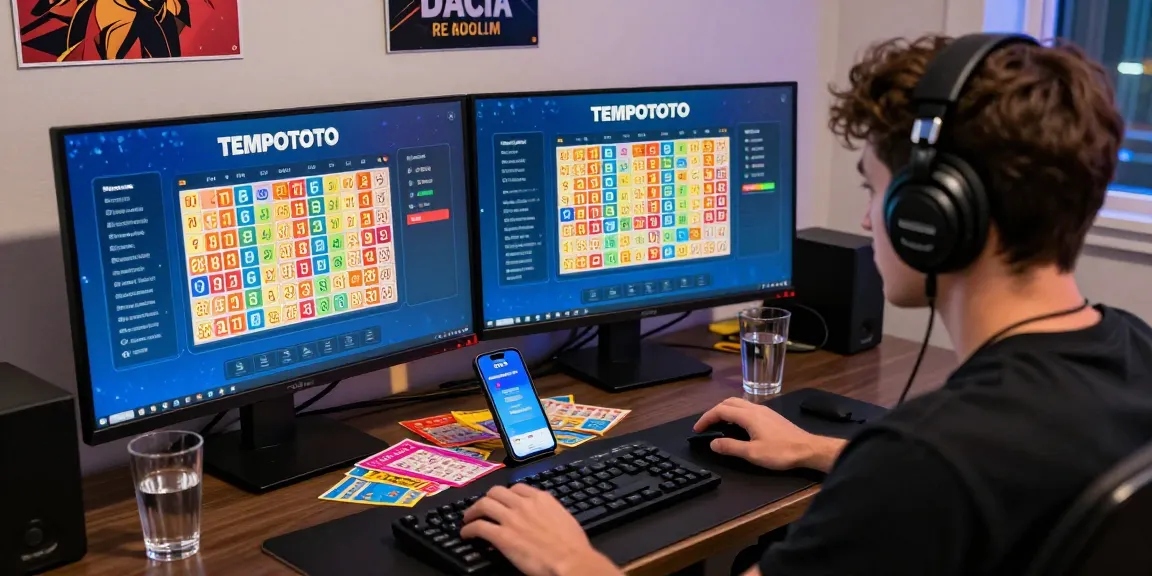 Player engaged in TEMPOTOTO login on dual monitors, showcasing vibrant lottery graphics.