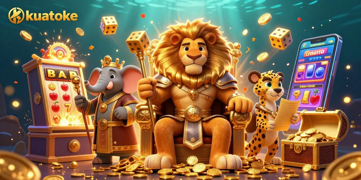 Kuatoke plunges into a vibrant online casino scene featuring an armored lion king, an elephant advisor, and a cheetah messenger amidst colorful slot machines and golden treasures.