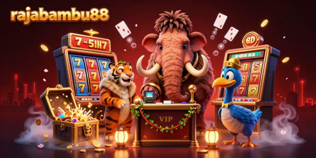 Visualisasi rajabambu88 yang menampilkan bouncer mammoth dengan elemen kasino seperti gulungan slot dan jackpot dalam suasana meriah.