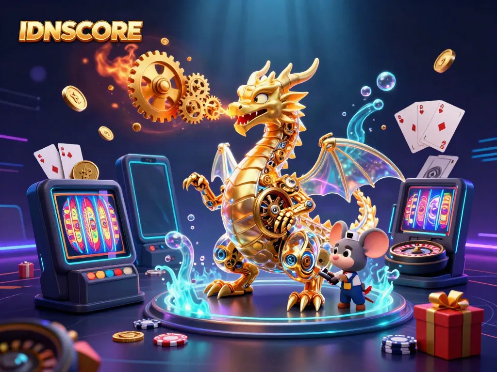 Engage with IDNSCORE's thrilling 3D depiction of a golden dragon and mouse amidst vibrant casino elements.