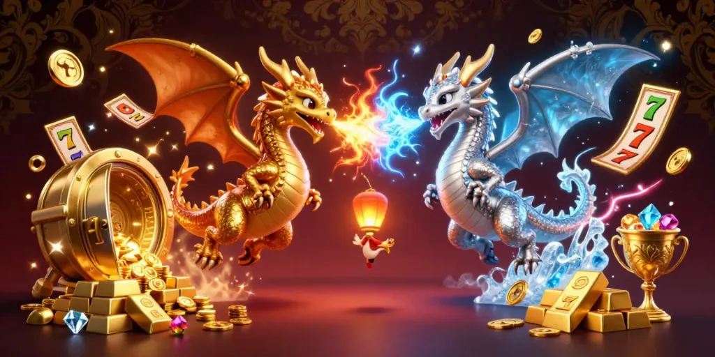 TUTITOTO's captivating dragons soar amidst a dynamic casino scene with slot reels and treasures bursting with energy.
