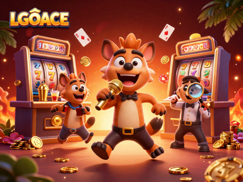 Engage in thrilling slots at LGOACE with lively hyena characters entertaining in a vibrant casino scene.
