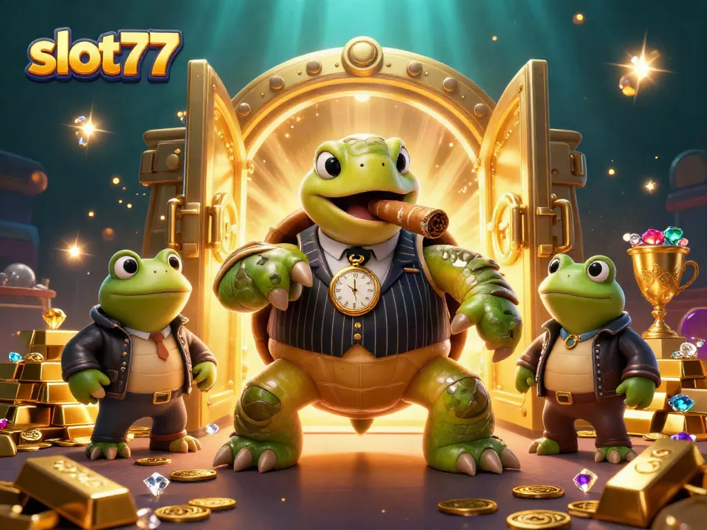 Slot77 menampilkan kura-kura besar dalam jas vintage, diapit dua katak dengan latar belakang kasino yang berkilauan.