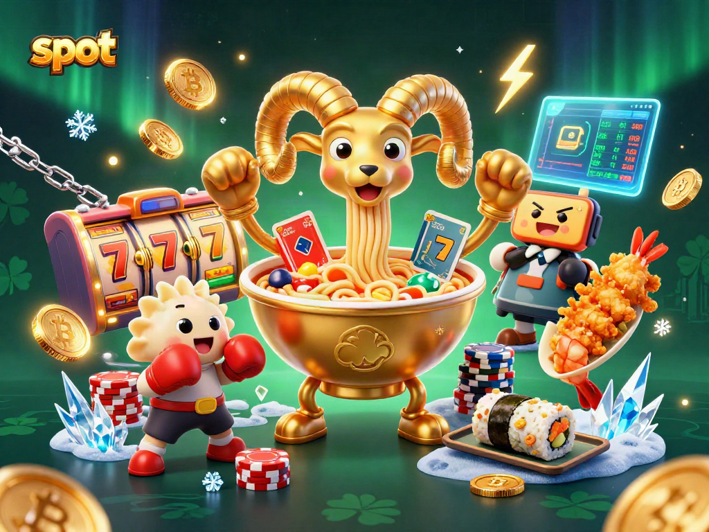 Engage with exciting slot games featuring a colorful 3D cartoon scene of characters and crypto elements.