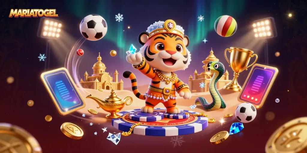 MARIATOGEL showcases a vibrant casino scene with a tiger sultan, flying carpet, and dynamic sports elements.