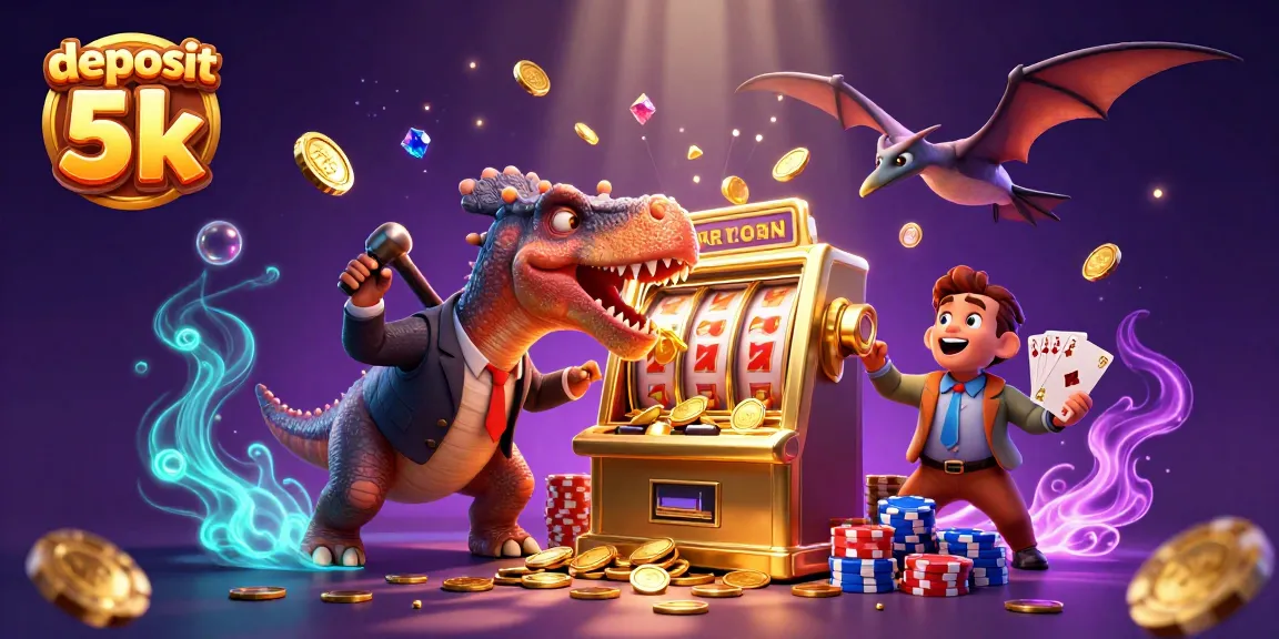Experience the thrill of jackpot wins with deposit 5k in this vibrant casino scene featuring animated dinosaurs.