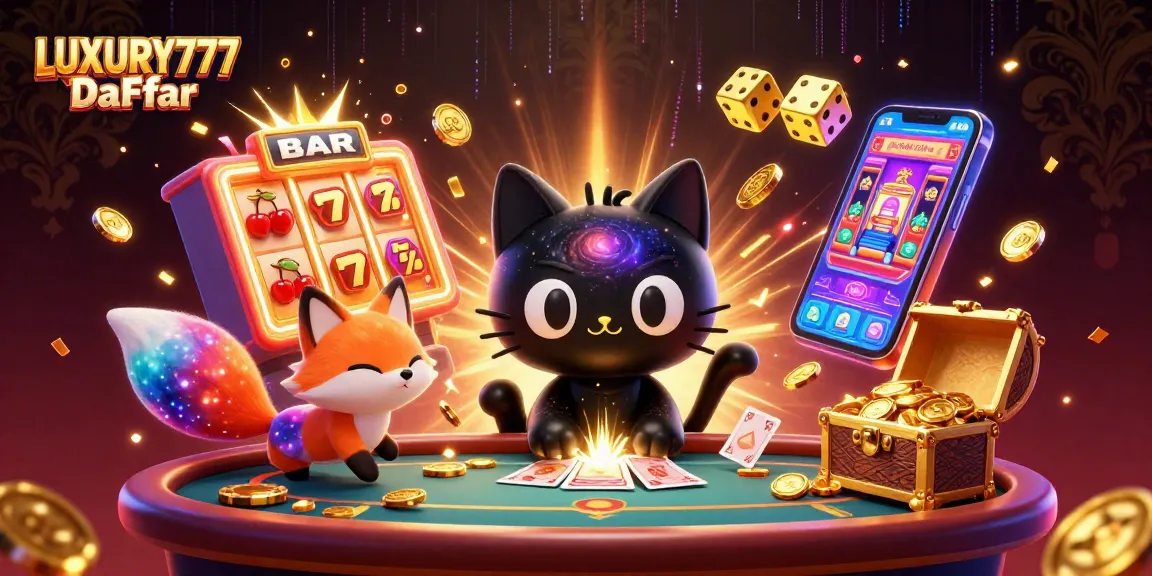 Permainan menarik di LUXURY777 Daftar ditampilkan dengan ilustrasi menarik slot dan karakter kasino.