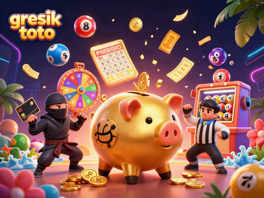 Experience the excitement of gresik toto with a dynamic casino-themed 3D illustration showcasing gaming elements.