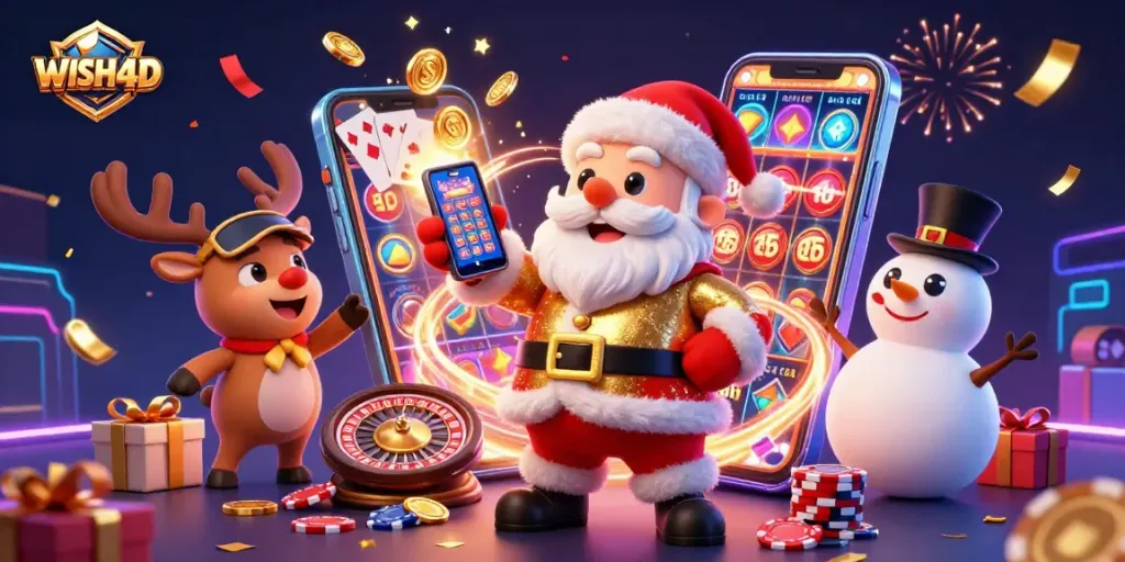 WISH4D brings holiday cheer with Santa and friends playing jackpot slots in a colorful casino.