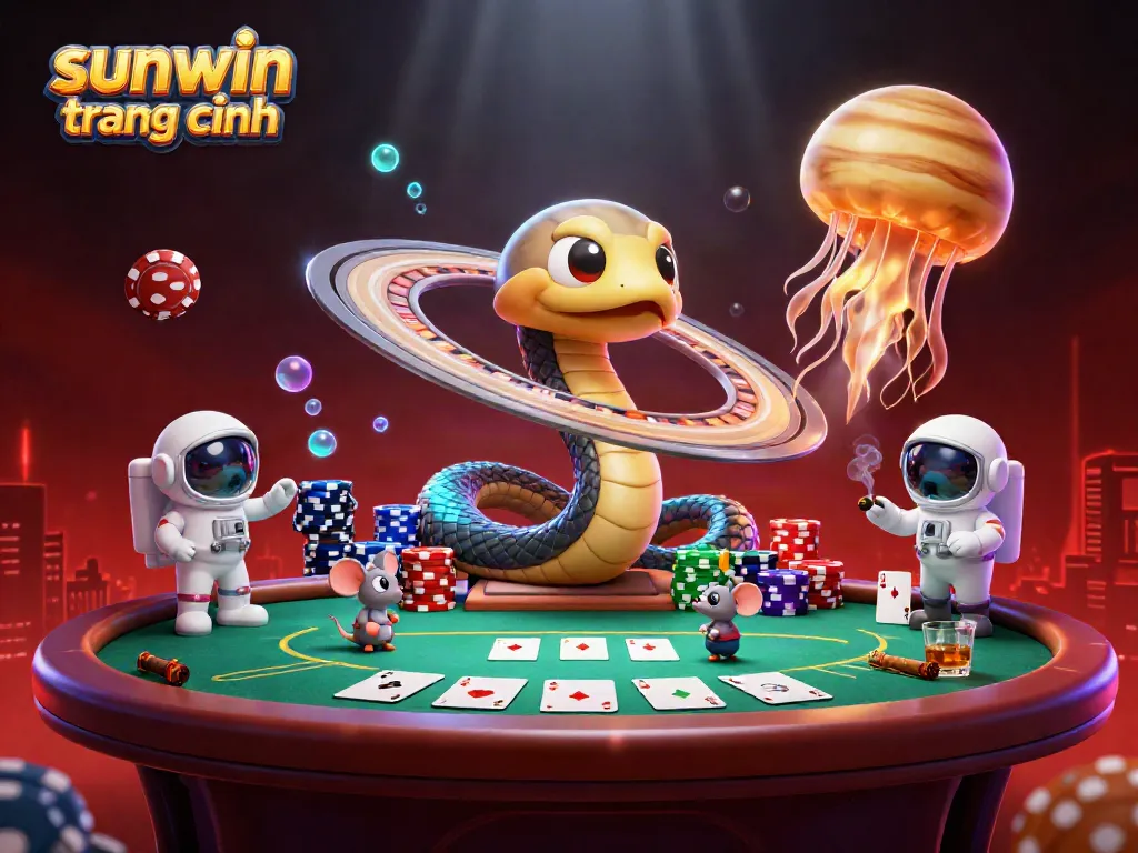 Experience thrilling bets in the sunwin trang chính universe with astronauts and cosmic dealer amidst vibrant casino elements.