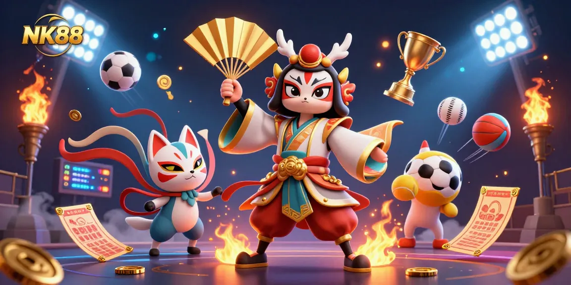 NK88 gamely exemplifies sports betting with a kabuki warrior and dynamic elements.