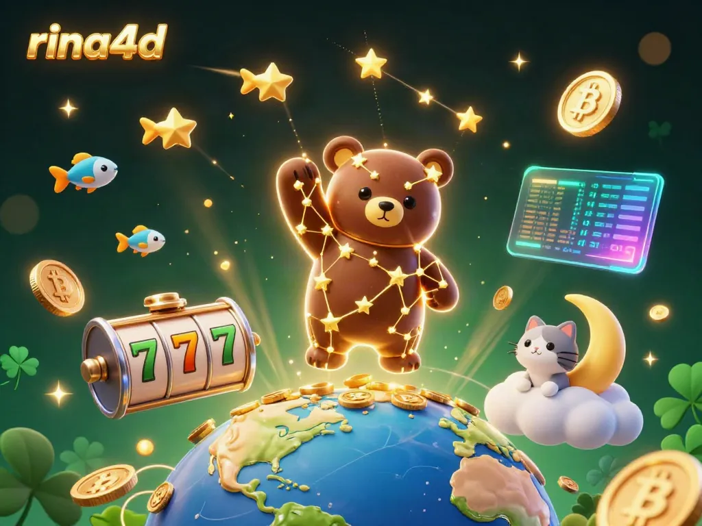 Experience rina4d's vibrant casino scene with 3D characters and slot elements.