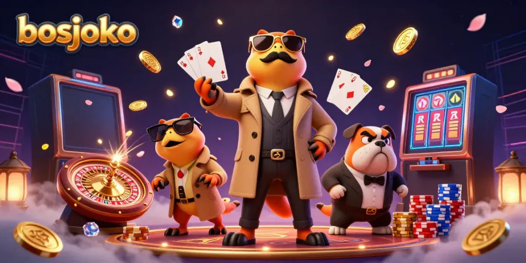 Experience the excitement of bosjoko with raptors in disguise entering a casino, surrounded by vibrant gaming elements.