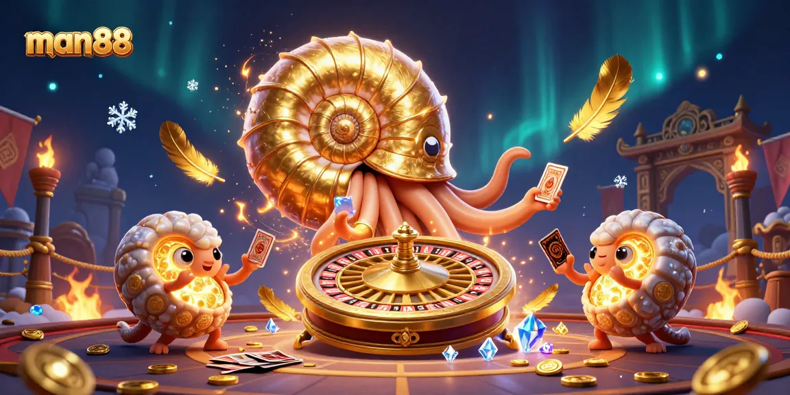 Engage with man88's vibrant casino scene featuring a giant nautilus roulette and dazzling gaming elements.