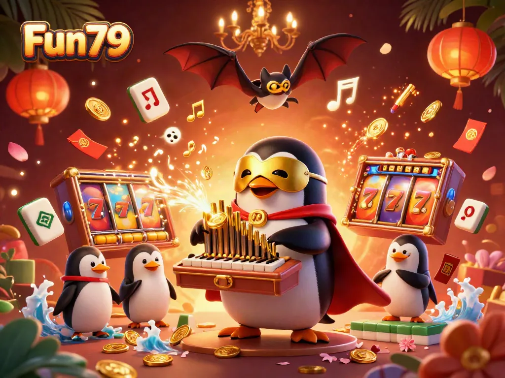 Fun79 illustrates an exciting casino scene with a penguin organist and golden jackpot elements.