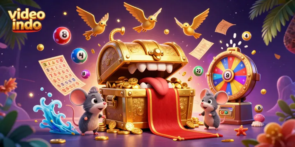 Engage with video indo as colorful lottery elements and vibrant casino ambiance fill the scene.