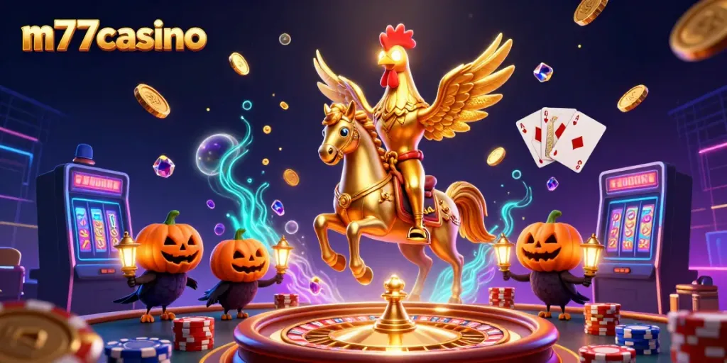 Ilustrasi 3D m77casino yang memukau dengan karakter kasino penuh aksi.
