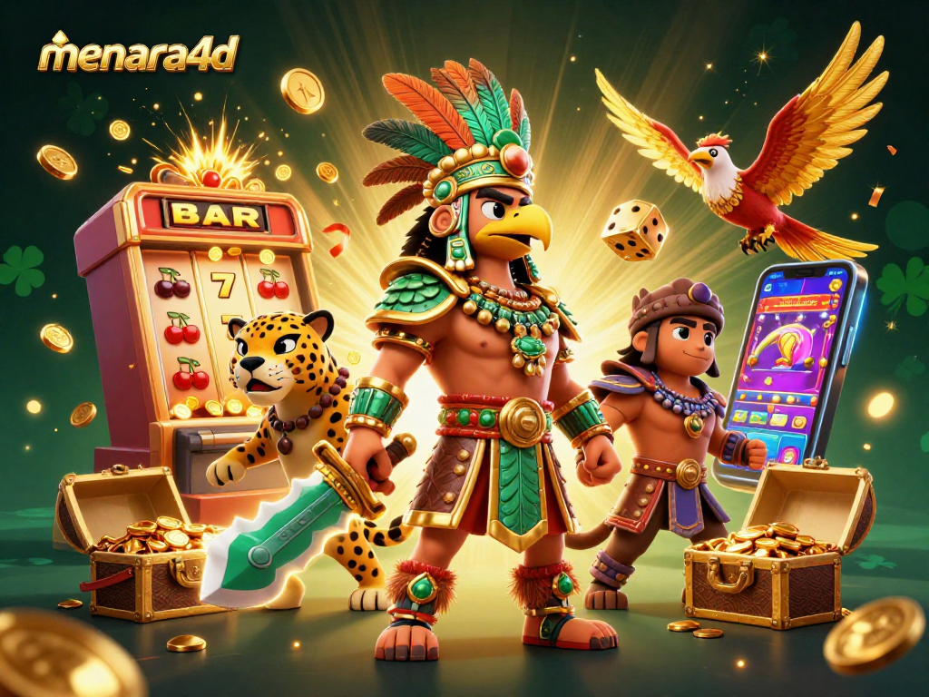 Menara4d menampilkan jackpot slot dengan karakter pejuang Aztec, simbol keberuntungan, dan kasino digital.