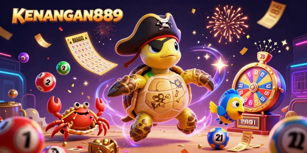 Engage with KENANGAN889 in this vibrant 3D world filled with colorful lottery balls and exciting games.