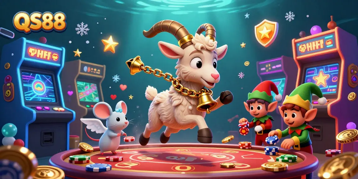 Engage in festive gaming at QS88 with Krampus, an angel mouse, and elf gremlins in a vibrant casino.