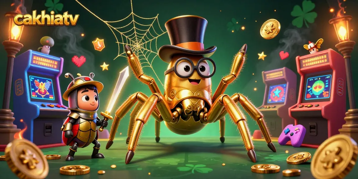 Cakhiatv showcases a vibrant casino scene with a golden tarantula and adventurous knight.