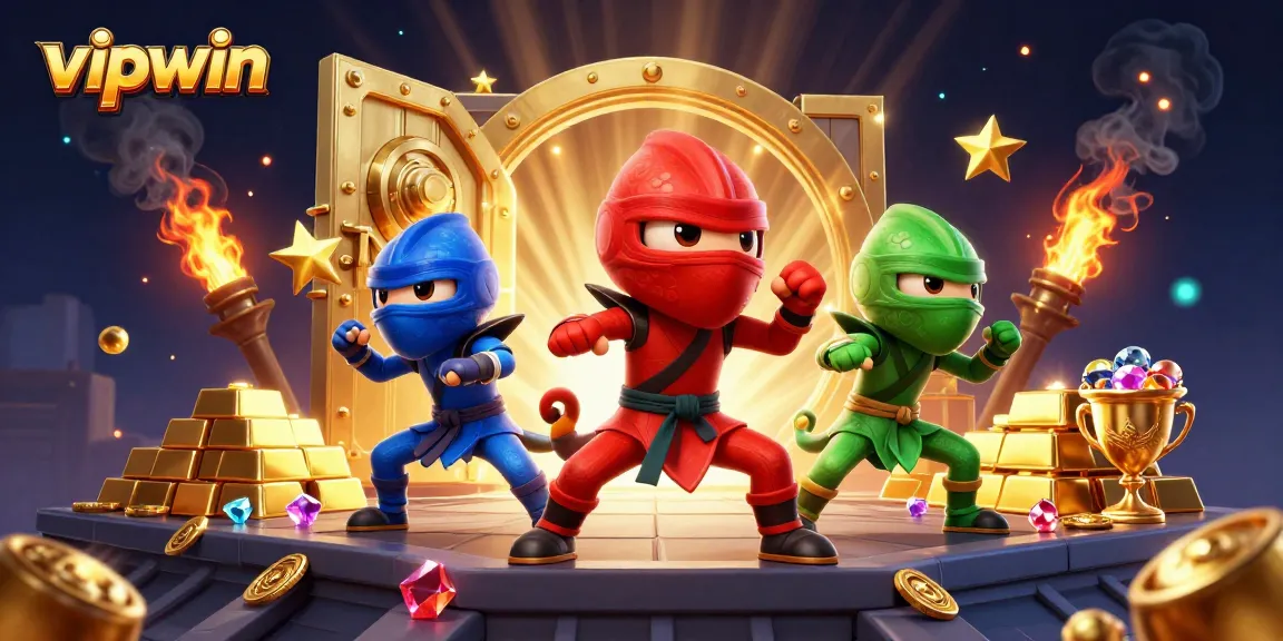 Experience thrilling action at vipwin with synchronized ninja chameleons amidst treasure and gaming elements.