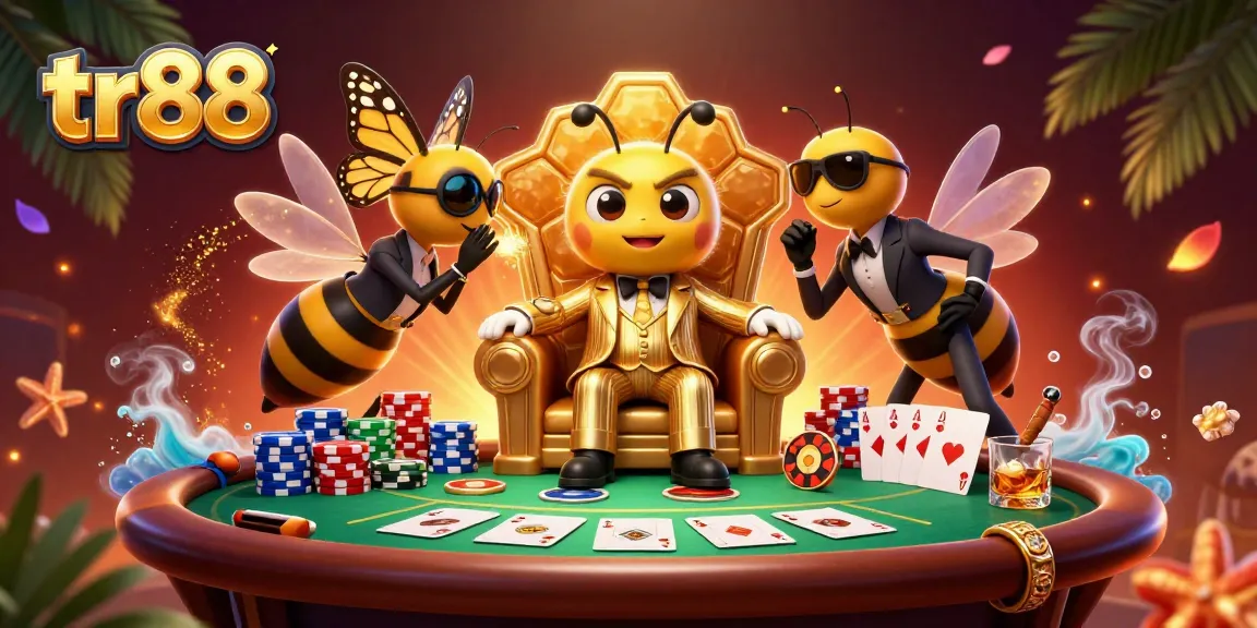 Experience the thrill of tr88 with a cartoon mob boss and his entourage at a vibrant poker scene.